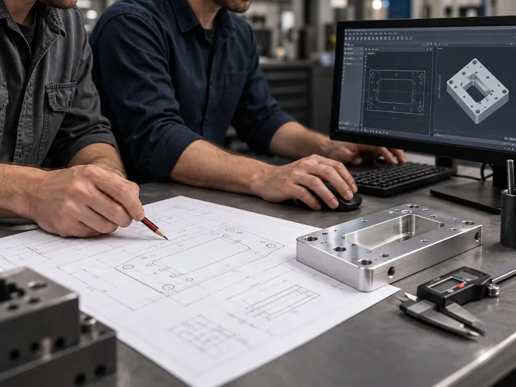 Engineers reviewing a technical drawing beside a machined metal part, with the CAD model on screen.