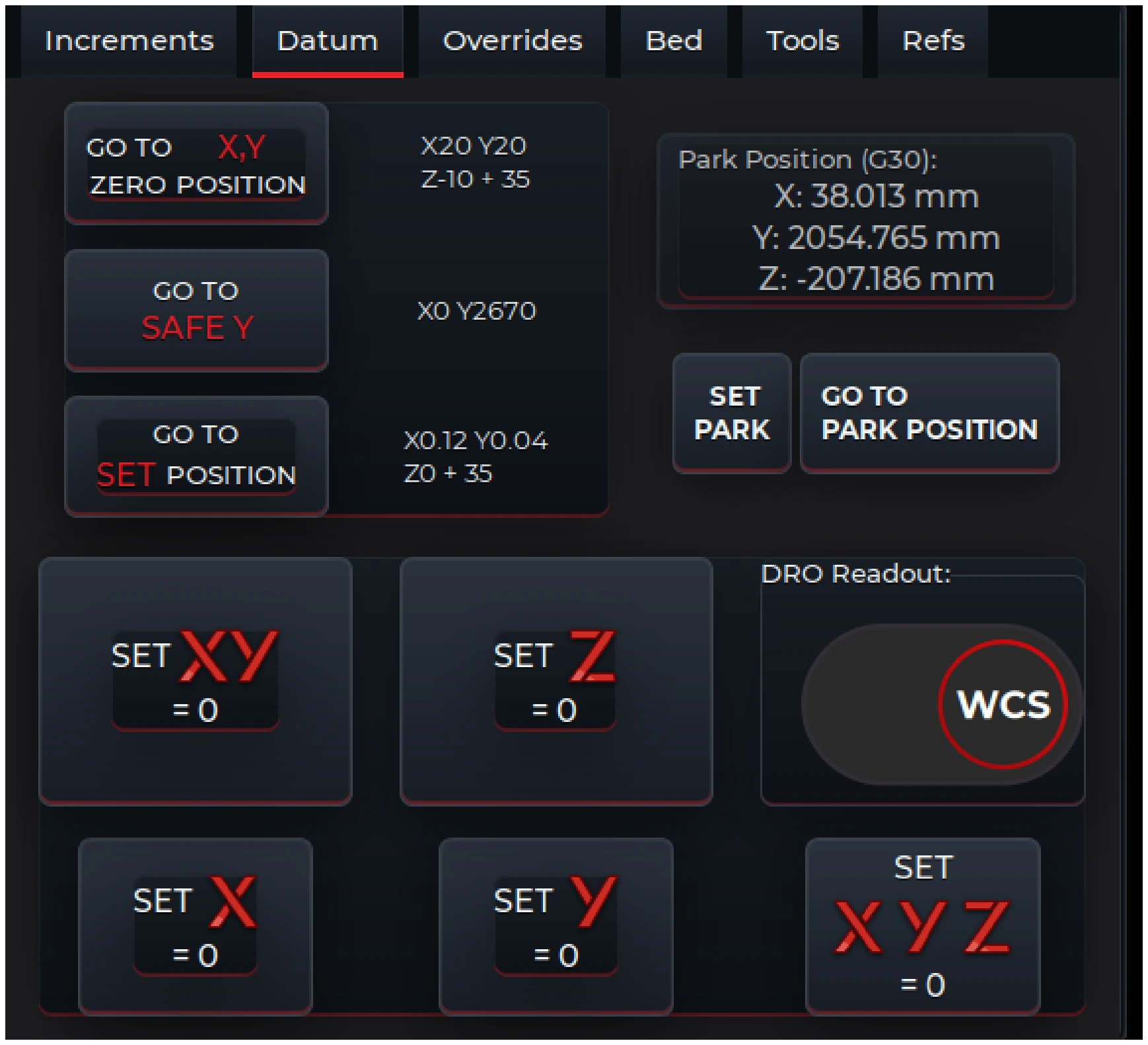V-CUT Datum screen showing work-zero, park-position and coordinate controls