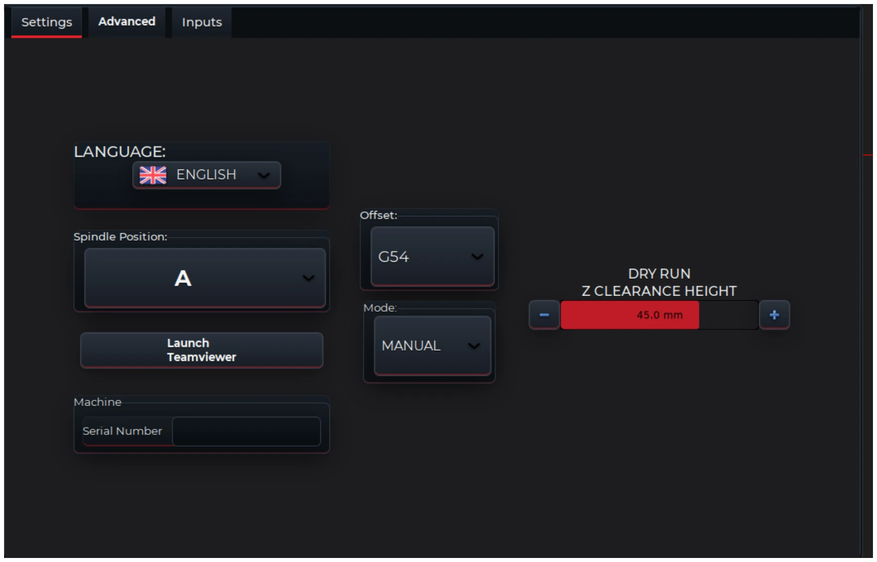 V-CUT Settings screen showing the active offset and dry-run Z clearance height