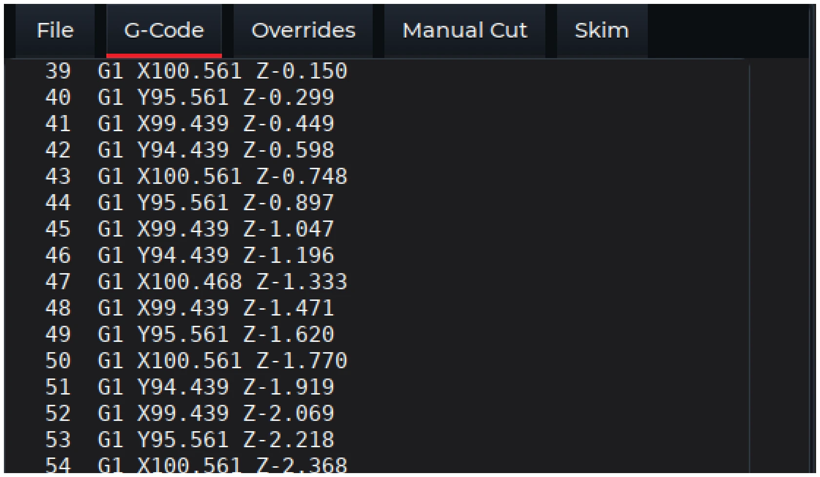 V-CUT G-code view showing numbered program lines