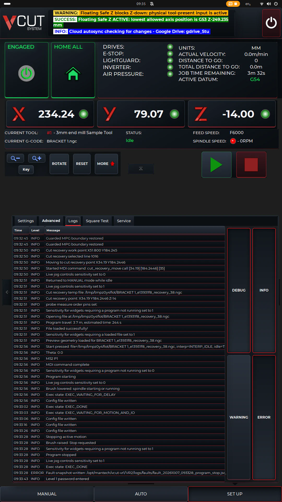 V-CUT diagnostic log showing time-stamped machine events and filters for debug, information, warning and error messages