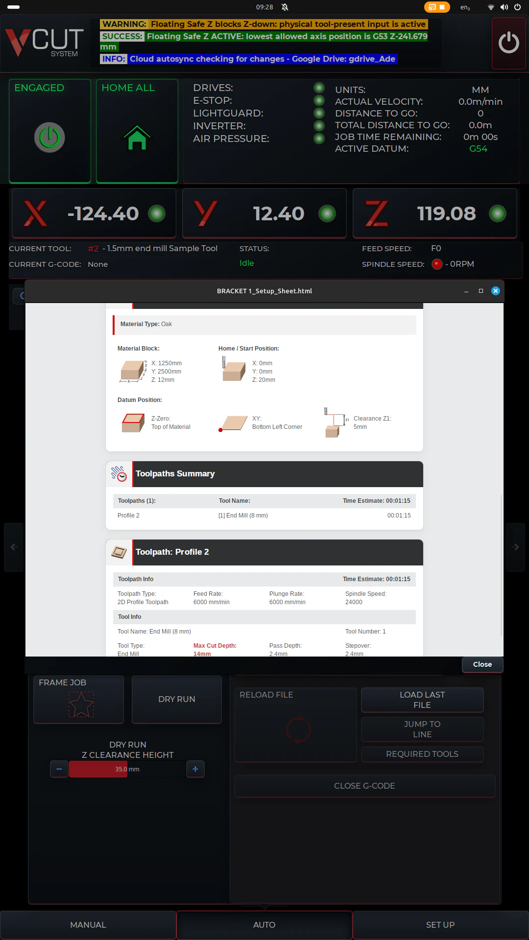 V-CUT displaying a CAMLink job card with material, datum and toolpath details