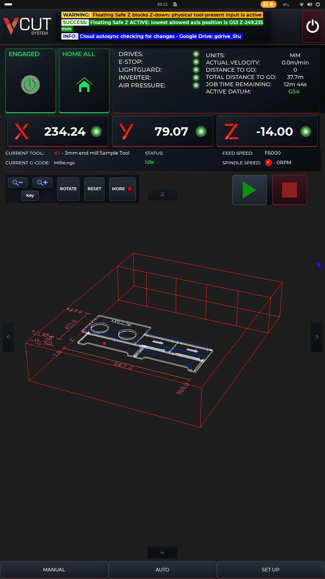 V-CUT Auto workspace showing machine coordinates, job status, remaining time and a loaded 3D job view