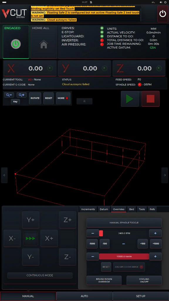V-CUT Manual workspace showing coordinates, spindle speed and feed override